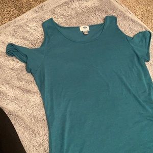Blue cut out shoulder top
